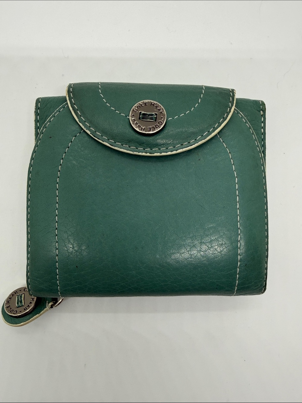 Cole Haan Green Leather Bifold Wallet with Contrast Stitching